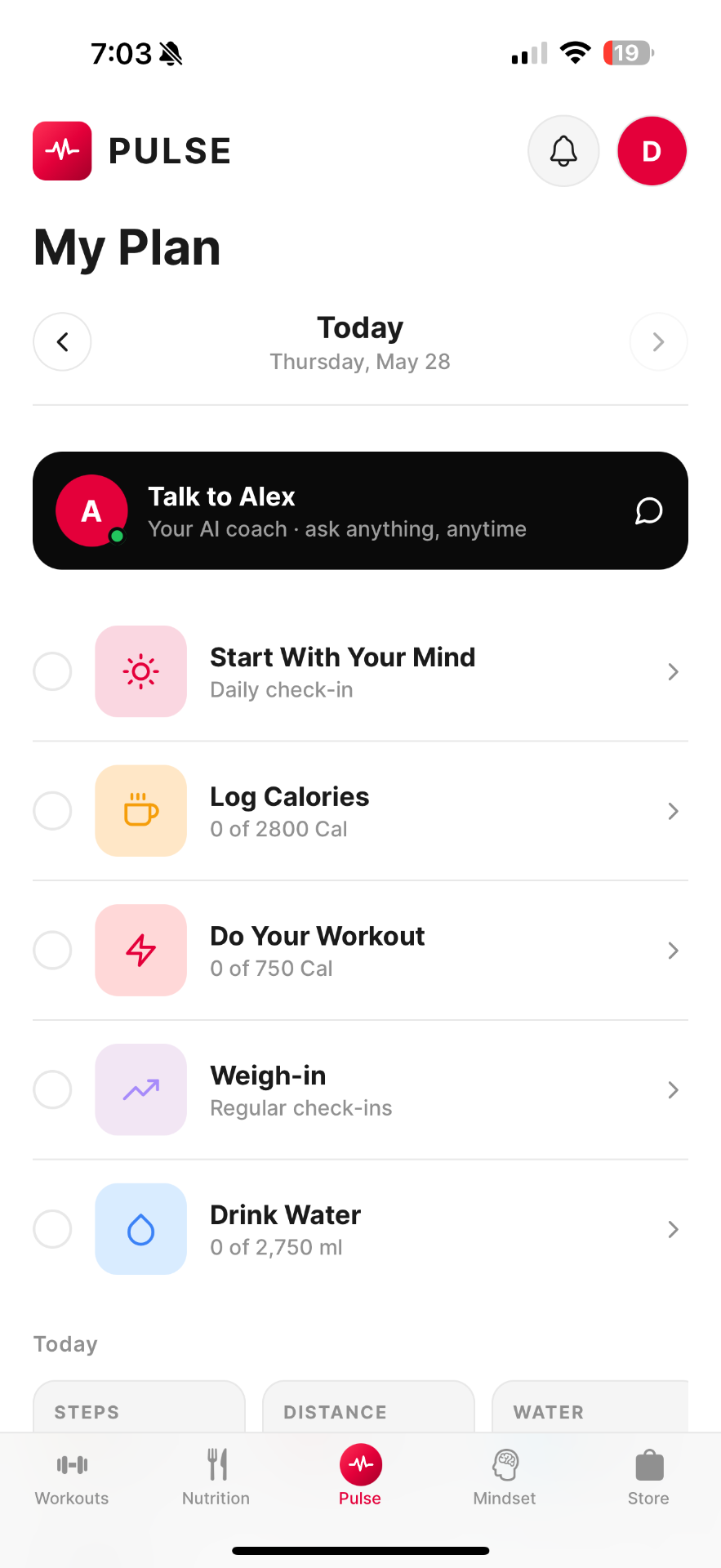 Pulse app — My Plan daily check-in screen